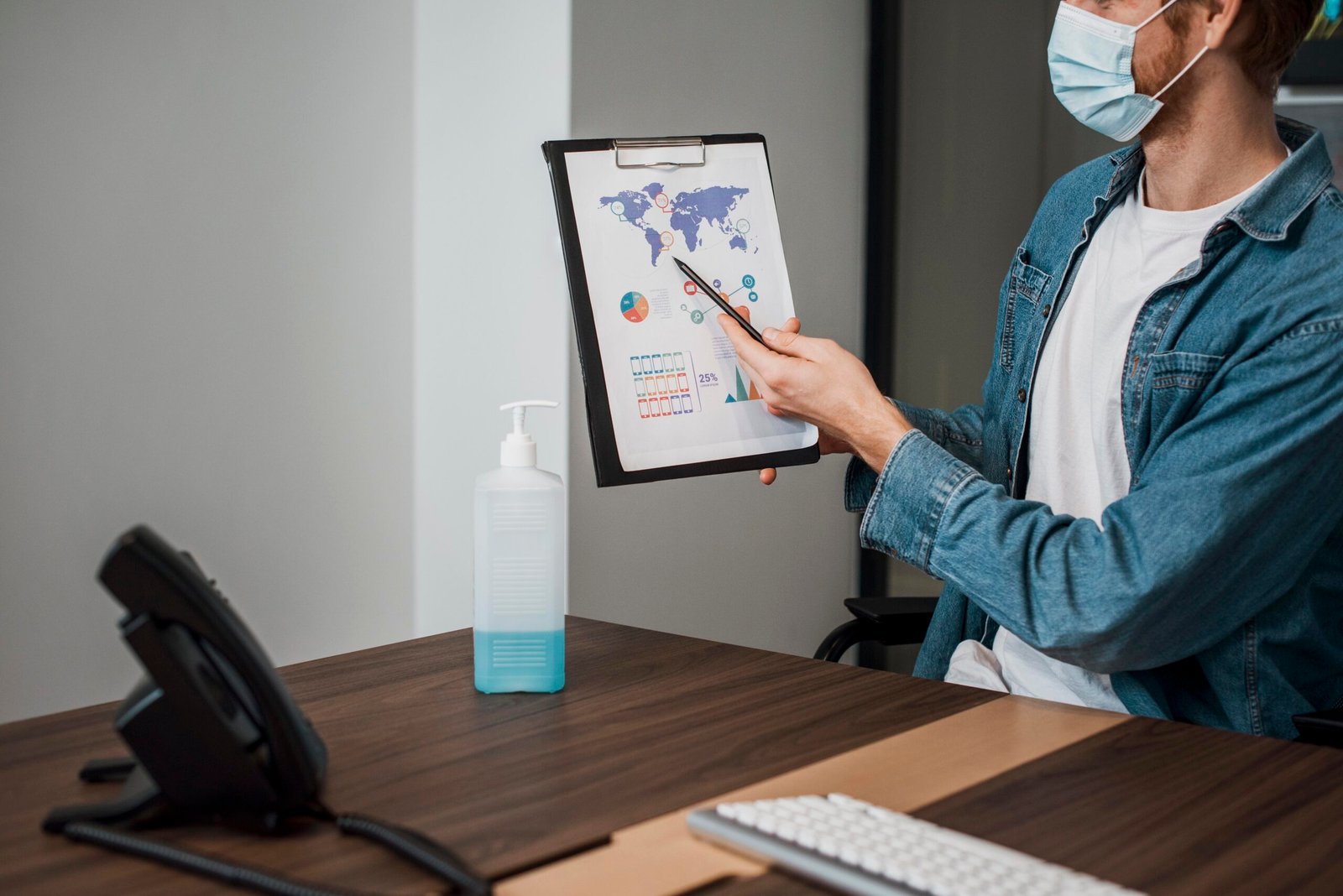 person wearing medical mask showing clipboard